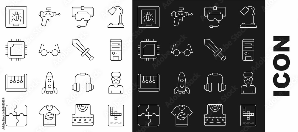 Poster set line crossword, nerd geek, computer, virtual reality glasses, eyeglasses, processor with cpu, in