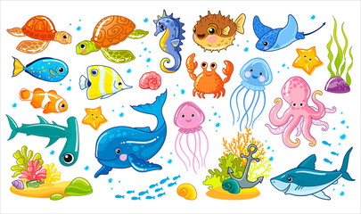 Set of sea. Underwater world vector drawn illustration in children's cartoon style. Cute marine animals and fish isolated on a white background, clipart. - 464440464