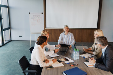 Multiracial men and women discussing project during meeting