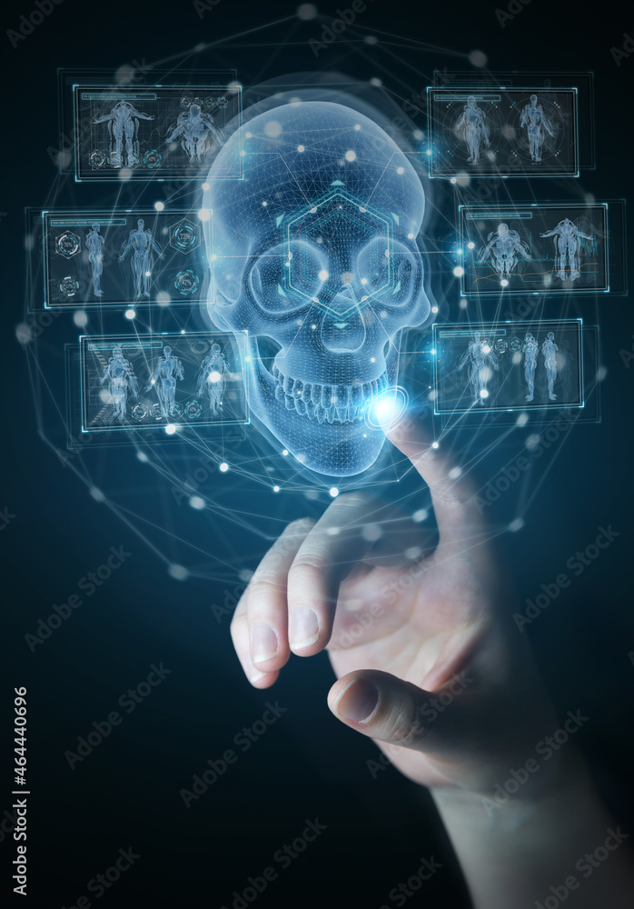 Poster Man hand using digital x-ray skull holographic scan projection 3D rendering