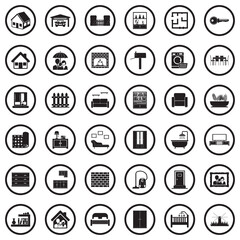 Home Icons. Black Flat Design In Circle. Vector Illustration.
