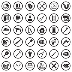Home Repair Icons. Black Flat Design In Circle. Vector Illustration.