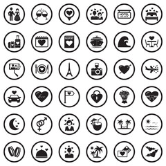 Honeymoon Icons. Black Flat Design In Circle. Vector Illustration.
