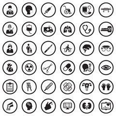 Hospital Icons. Black Flat Design In Circle. Vector Illustration.