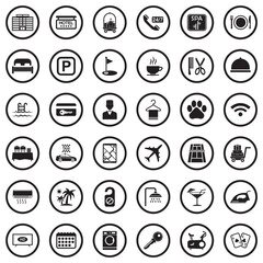 Hotel Icons. Black Flat Design In Circle. Vector Illustration.
