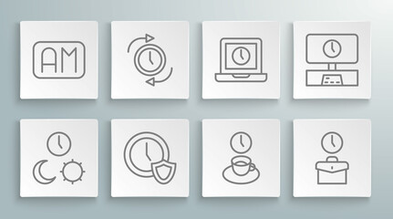 Set line Day and night with time, Clock arrow, shield, Coffee, Work, Laptop, Smart Tv and Morning icon. Vector