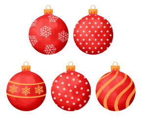 Red christmas balls watercolor style decoration isolated on white background.