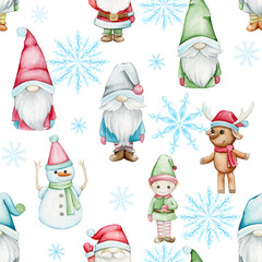 Gnomes, Santa Claus, elf, snowman, snowflakes. Christmas, seamless pattern, cartoon style, on an isolated background.