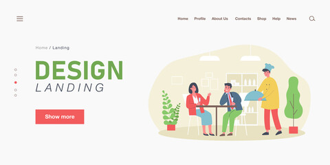 Married couple drinking champagne at restaurant. Husband and wife chatting, waiter with order flat vector illustration. Restaurant, dating concept for banner, website design or landing web page