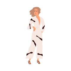 Modern woman in casual summer clothes. Female walking in fashion outfit, stylish overalls with neckline and sandals. Full-length portrait. Flat vector illustration isolated on white background