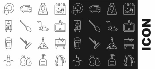 Set line Cleaning service, table, Washbasin, lady, Handle broom, Wet floor, Washing dishes and Lawn mower icon. Vector