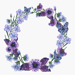 Classic blue purple flower botanical bouquet plant dry leaves and butterfly Trendy fall winter cozy collection wreath circle