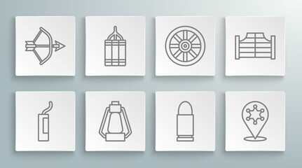 Set line Dynamite bomb, Camping lantern, Bullet, Hexagram sheriff, Old wooden wheel, Saloon door and Bow and arrow quiver icon. Vector