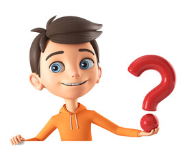 Cartoon character boy in orange sweatshirt holding a big question mark leaning against a blank board. 3d render illustration.