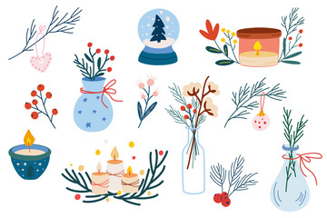Christmas Home Decor set. Hand drawn elements of Vases with winter flowers and twigs, berries, candles, Christmas toys. Cozy winter time. Cartoon vector illustration.