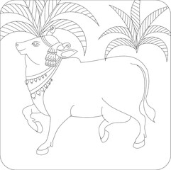 Holy cow in Kalamkari Indian traditional folk art on linen fabrics. It can be used for a coloring book, textile/ fabric prints, phone case, greeting card. logo, calendar