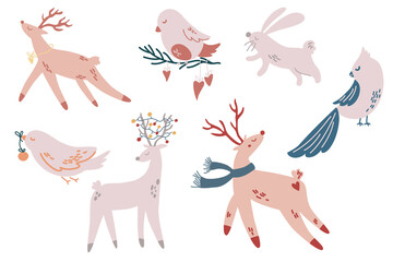 Christmas Animals. Deer, birds, bunnies. Hand drawn characters. Winter holiday season new year event. Vector Illustration.