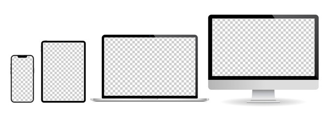 Device screen mockup. set of smartphone, tablet, laptop and monitor, blank screen mockup. Vector illustration - obrazy, fototapety, plakaty