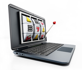 Slot machine on laptop computer screen. 3D illustration