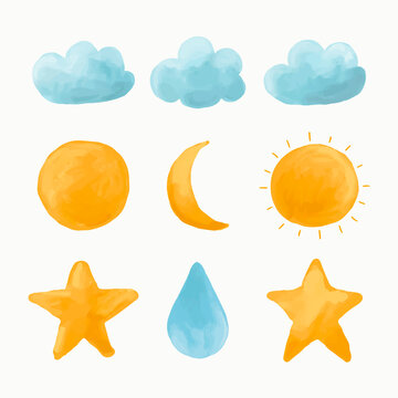 Watercolor cloud, sun, moon, star vector set