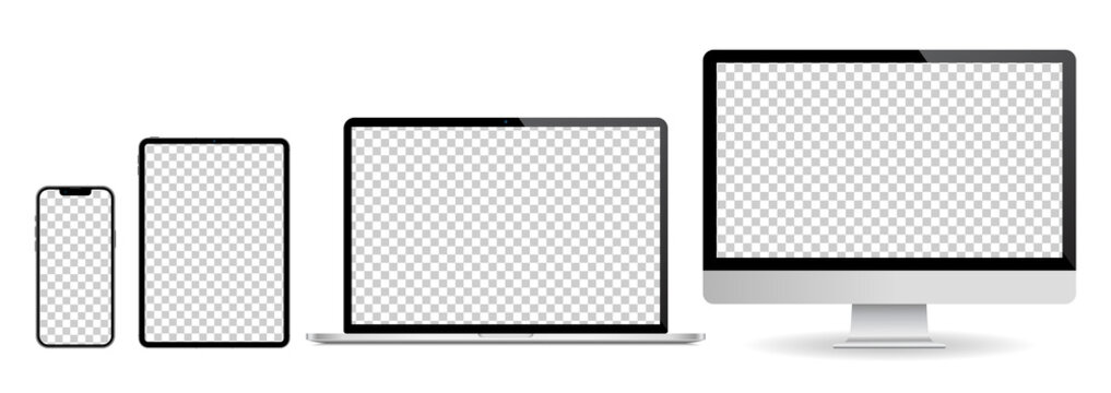 Device screen mockup. set of smartphone, tablet, laptop and monitor, blank screen mockup. Vector illustration