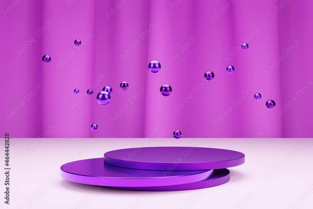 Poster 3d modeling scene in bright neon colors. empty podium mockup with simple geometric 3d elements. roun