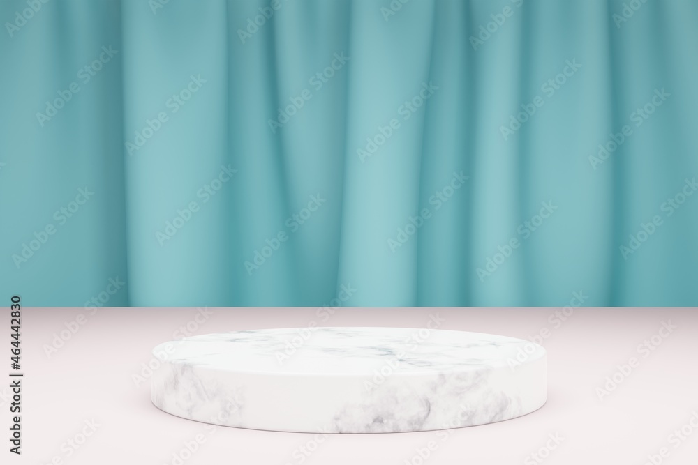 Poster marble podium for product presentation and textile curtain. 3d modeling scene in calm pastel colors.