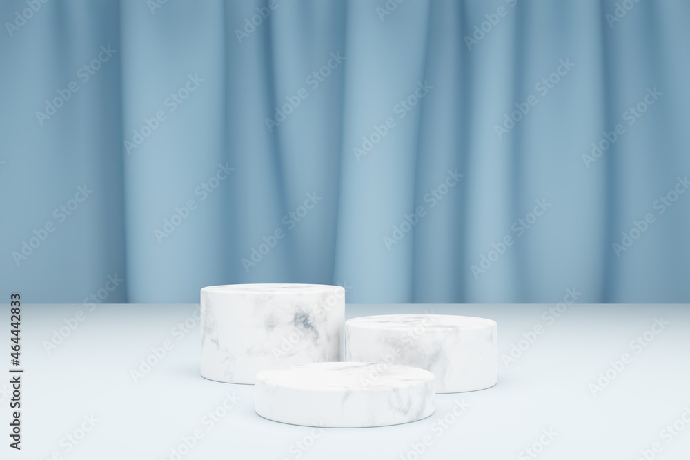 Poster three marble podiums for product presentation and textile curtain. 3d modeling scene in calm pastel 