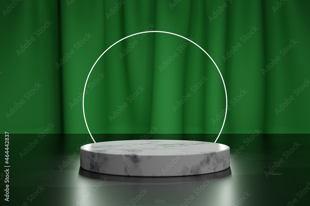 Poster neon circle and marble 3d podium for product presentation with green textile curtain. 3d modeling sc