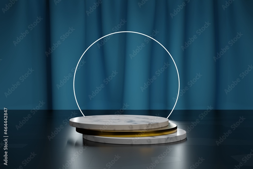 Poster 3d modeling scene with empty platform mockup and simple geometric elements. marble and gold round pl