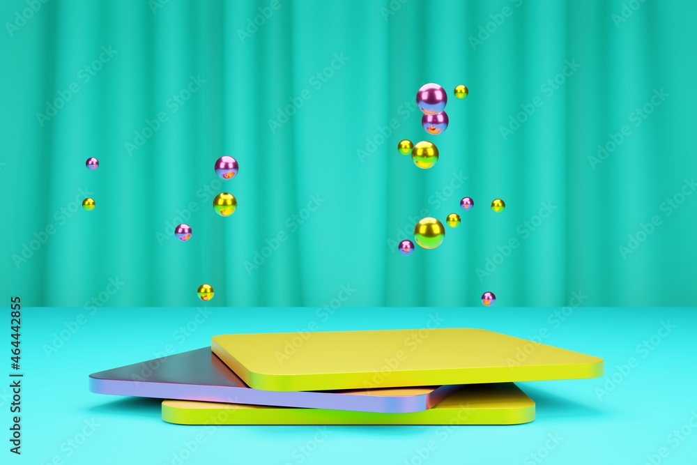 Poster 3d modeling scene in bright neon colors. square podiums for product presentation and metallic bubble
