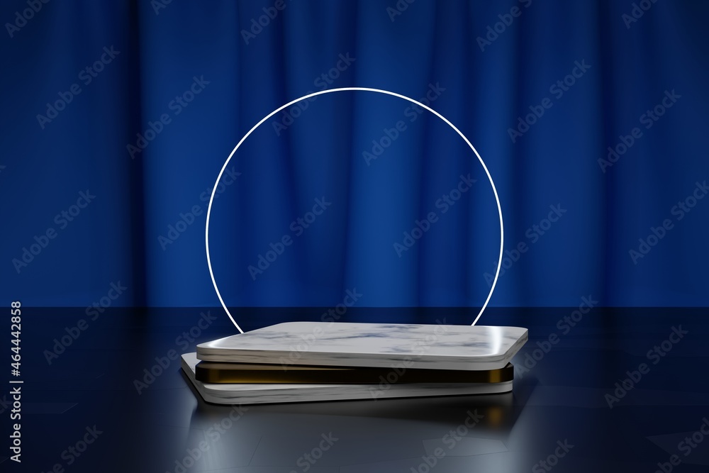 Poster 3d modeling scene with empty platform mockup and simple geometric elements. square golden and marble