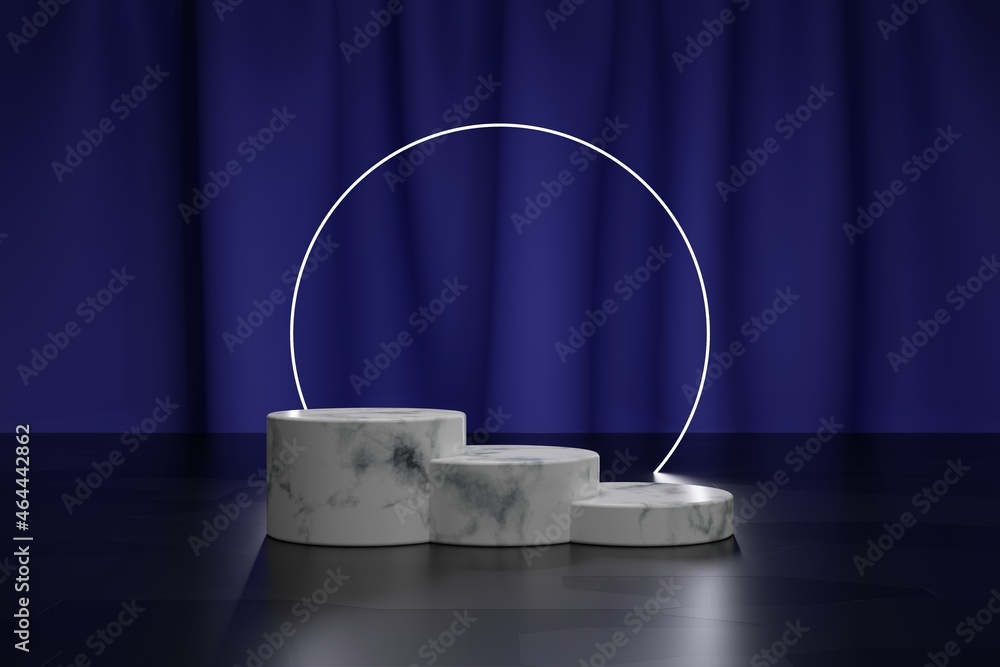 Poster three marble podiums for product presentation and neon circle with violet textile curtain. 3d modeli