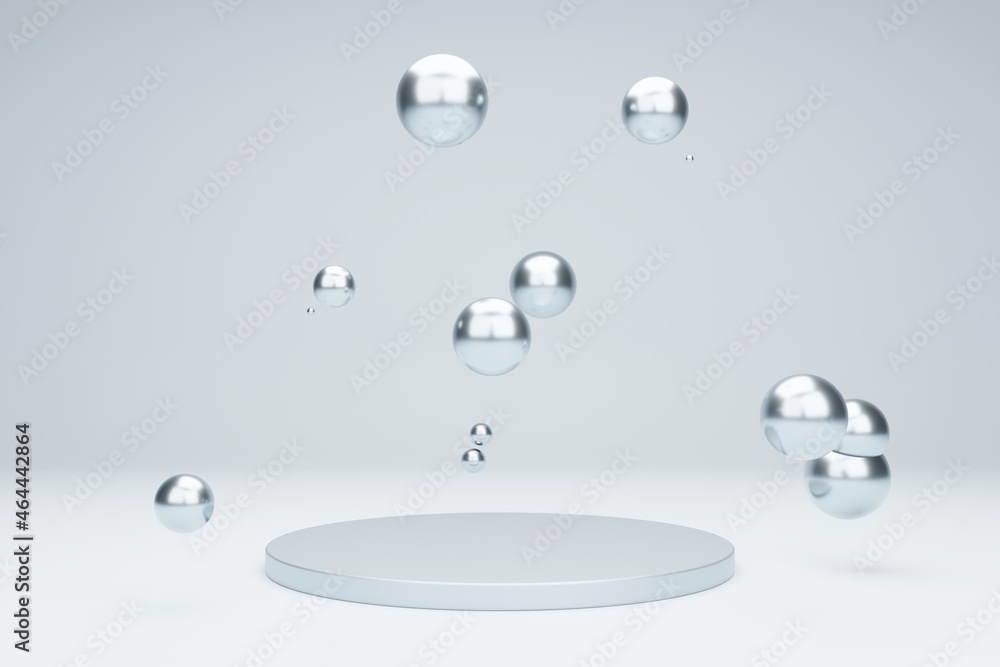 Poster 3d rendering scene in calm pastel colors. product podium for presentation with metallic bubbles on a