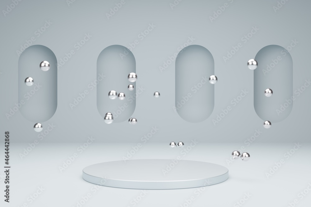 Poster blank showcase mockup with simple geometric 3d elements. product podium for presentation with metall