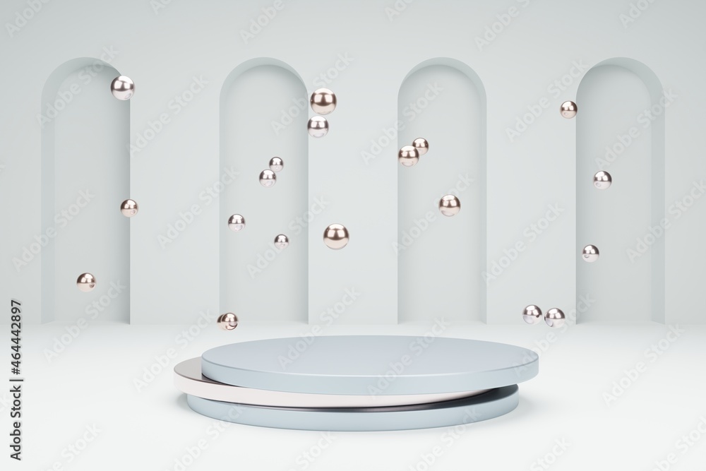 Poster 3d rendering scene in calm pastel colors. empty podium mockup with simple geometric 3d elements. ped