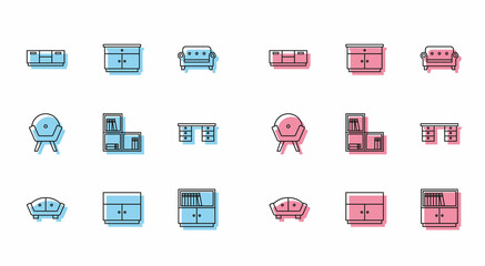Set line Sofa, Wardrobe, Furniture nightstand, Library bookshelf, Shelf with, Office desk, Armchair and icon. Vector