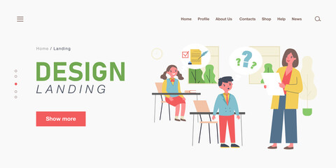 Cartoon teacher conducting class for excellent and bad pupils. Flat vector illustration. Teacher asking confused boy question and girl thinking about right answer. Education, school, grade concept