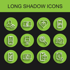 Set line Mute microphone on mobile, Video camera Off laptop, Freelancer, Time management, Office chair, Online working and Magnifying glass with briefcase icon. Vector