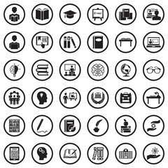 Learning Icons. Black Flat Design In Circle. Vector Illustration.
