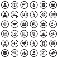 Law Icons. Black Flat Design In Circle. Vector Illustration.