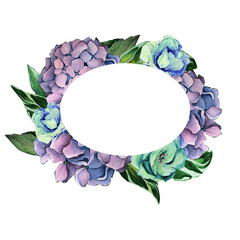Hydrangea-hortensia wreath isolated for design. Pink flowers and roses