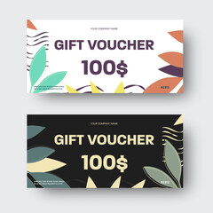 Vector gift voucher template with tropical leaves, yellow, green, purple twigs around the edges, brand meth, illustration with abstract, linear elements.