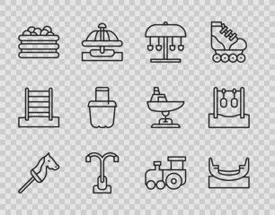 Set line Toy horse, Boat swing, Attraction carousel, Street light, Pool with balls, Sand bucket, train and Gymnastic rings icon. Vector