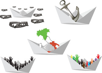 paper boat with Italy and immigration people hands