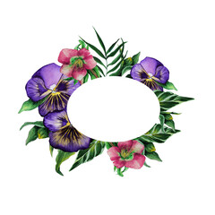 Floral wreath watercolor isolated for design. Pink anemones, lilac flowers violates