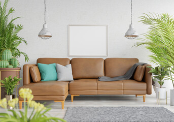 Obraz premium 3D Mockup photo frame in Modern interior of living room