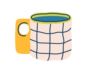 Modern tea mug with chequered pattern. Ceramic coffee cup with unusual handle. Cute teacup with decor. Stylish drink crockery in doodle style. Flat vector illustration isolated on white background