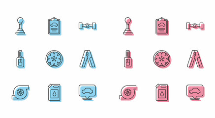 Set line Automotive turbocharger, Canister for motor oil, Gear shifter, Car service, Alloy wheel, battery jumper power cable, key with remote and inspection icon. Vector