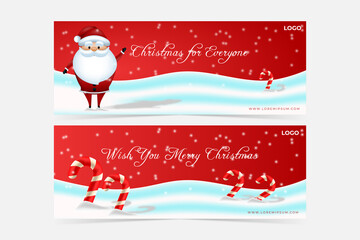 Social media banner with santa claus and candy cane in the snow. Suitable for posters, banners, Christmas cards, and other marketing purposes.